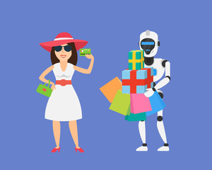 shopping woman with credit card and robot humanoid holding bags and boxes