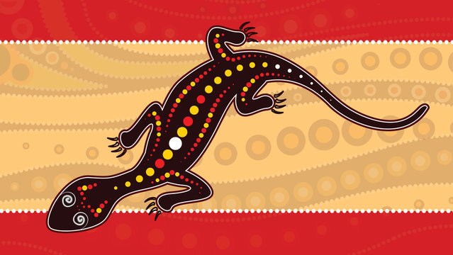 Lizard vector, Aboriginal art background with lizard, Landscape Illustration based on aboriginal style of dot painting.