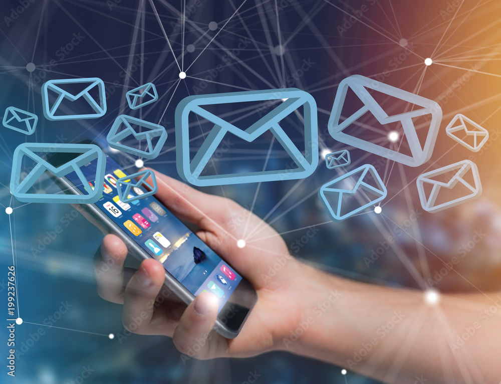 Poster blue email symbol displayed on a futuristic interface - message and internet concept