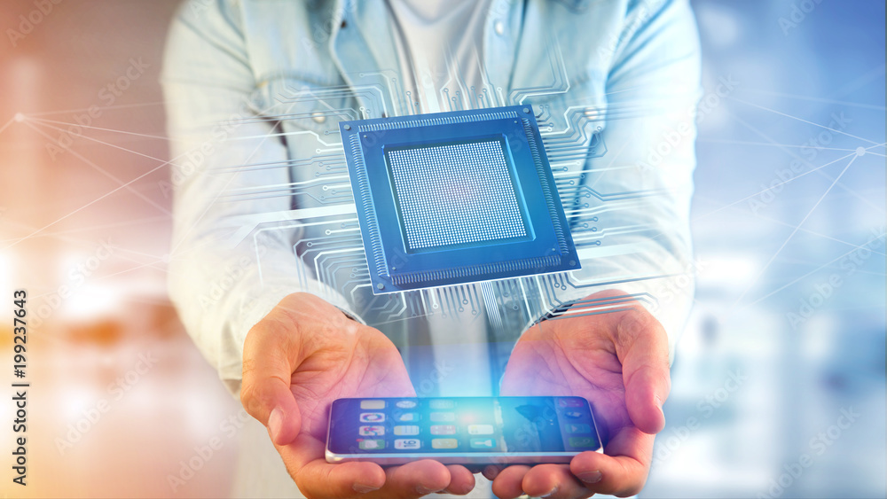 Poster businessman using a smartphone with a processor chip and network connection - 3d render