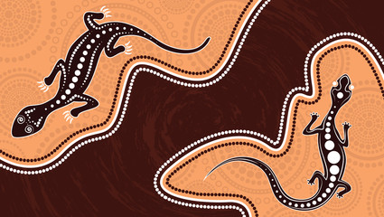 Obraz premium Wektor jaszczurka, tło sztuki Aborygenów z jaszczurką, ilustracja krajobrazowa oparta na aborygeńskim stylu malowania kropkowego.