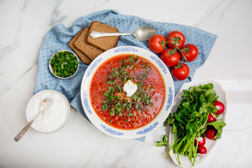Traditional soup Borsh on marble background