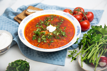 Traditional soup Borsh on marble background