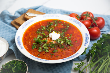 Traditional soup Borsh on marble background