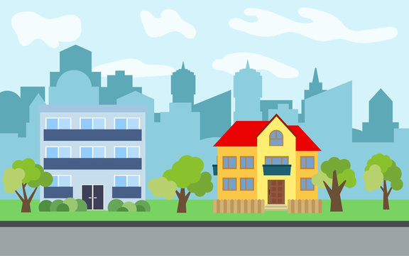 Vector city with two-story and three-story cartoon houses and green trees in the sunny day. Summer urban landscape. Street view with cityscape on a background
