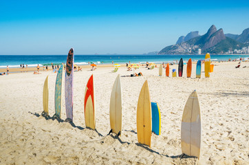 Surfboards at Ipanema beach, Rio de Janeiro, Brazil - obrazy, fototapety, plakaty