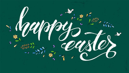 Happy Easter greeting on school board, spring holiday. Handwritten calligraphy and sketchy hand drawn art. Hand drawing doodle. Festive brush pen lettering. Easter greeting with color decorations