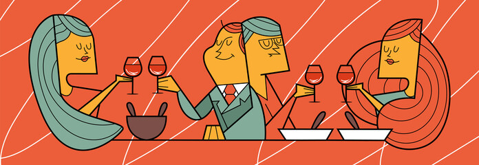 supper at restaurant, two couples over a glass of wine, vector illustration