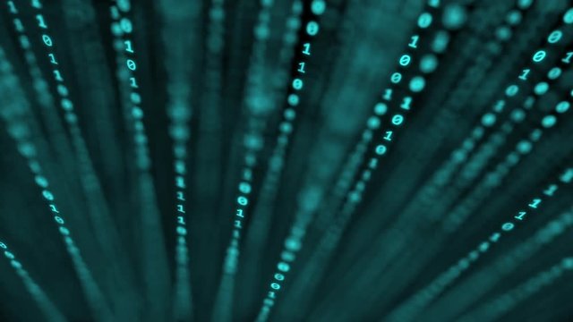 Animated lines of constantly changing binary code in 3D space with very shallow depth of field and shifting focus