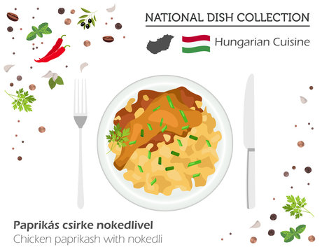 Hungarian Cuisine. European national dish collection. Chicken paprikash with nikedli  isolated on white, infographic