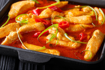 Delicious spicy chicken panang curry close-up on a black plate on the table. horizontal