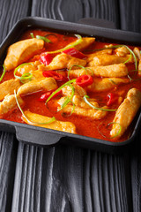 Thai style chicken panang curry close-up on a black plate. vertical