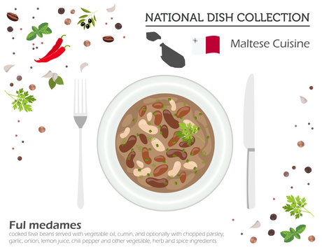 Malta Cuisine. European national dish collection. Maltese fava beans isolated on white, infographic