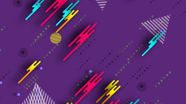 Bright modern abstract Memphis style retro background with multicolored simple geometric shapes on neon background. Seamless loop