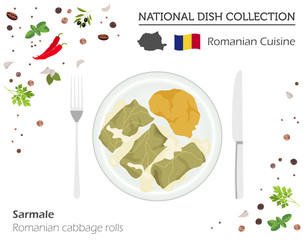 Romanian  Cuisine. European national dish collection. Cabbage rolls isolated on white, infographic