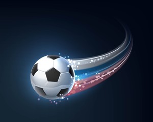 Soccer ball in flight with Russian tricolor isolated on dark background