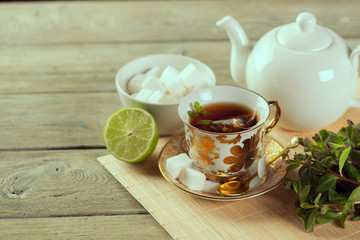 Cup of tea on wooden table