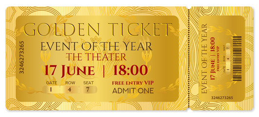 Golden ticket, golden token (tear-off ticket, coupon) with curve pattern. Useful for any festival, party, cinema, event, entertainment show