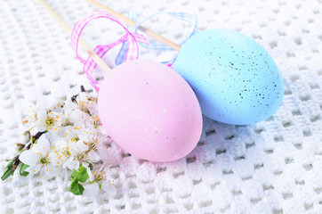 Happy Easter with eggs on colorful background.