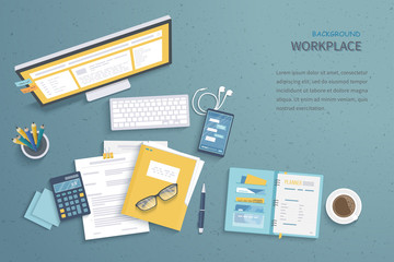 Top view of workplace background, monitor, keyboard, notebook, headphones, phone, documents, folder, planner, calculator, coffee. Workspace, analytics, optimization, management. Vector