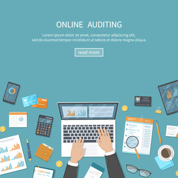 Online auditing, analysis, accounting, tax process, research, financial report. Business background. Hands with laptop, documents, graphics, charts, calendar, magnifier, report, tablet, phone Vector

