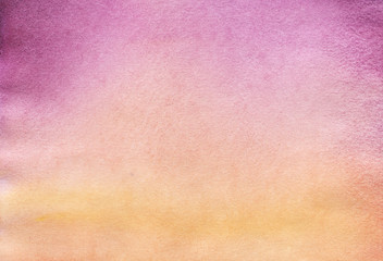 Texture of paper, colored in watercolor gradient from deep Lilac to light orange. Real watercolor hand painted background.