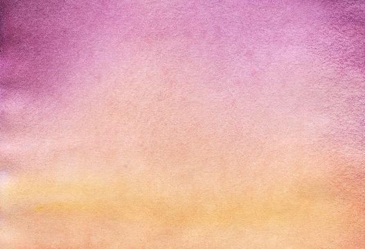 Texture of paper, colored in watercolor gradient from deep Lilac to light orange. Real watercolor hand painted background.