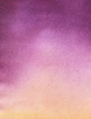 Fototapeta premium Texture of paper, colored in watercolor gradient from deep Lilac to light orange. Real watercolor hand painted background.