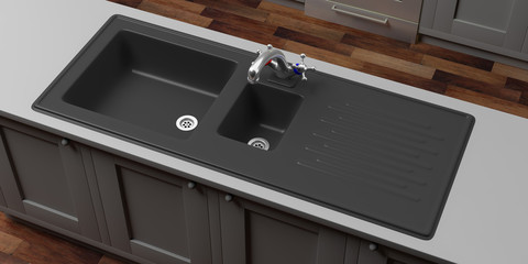 Kitchen cabinets with black sink and water tap, view from above. 3d illustration