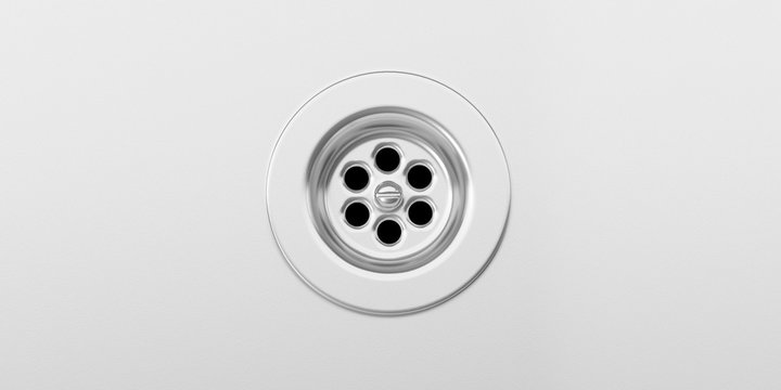 Stainless steel sink background with sink drain, top view. 3d illustration