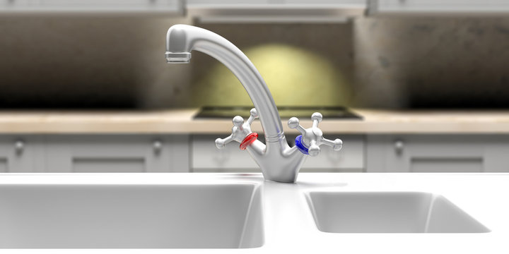 Kitchen sink and water tap closeup, blur cabinets and cooker background. 3d illustration
