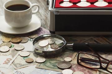 Different old coins and banknotes