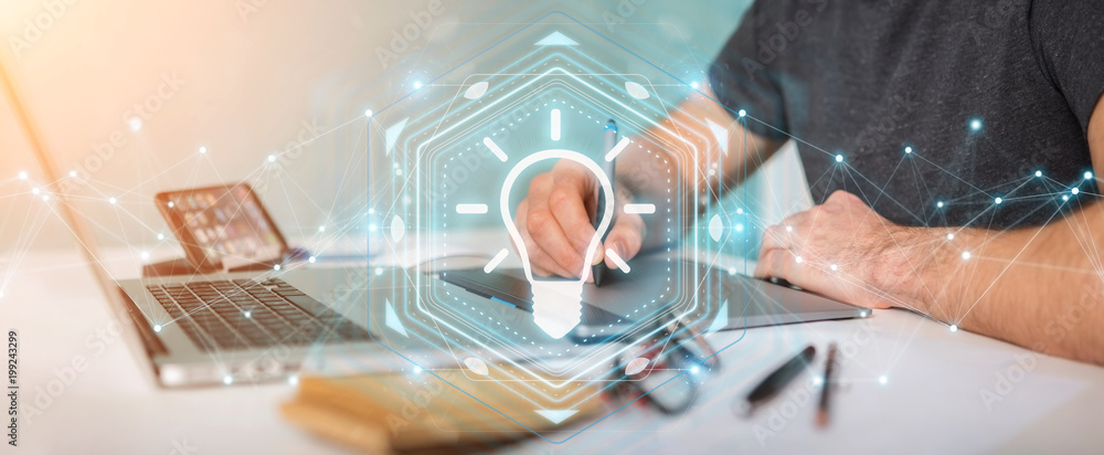 Leinwandbilder Graphic designer using lightbulb idea interface 3D rendering