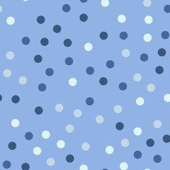 Colorful polka dots seamless pattern on bright 23 background. Radiant classic colorful polka dots textile pattern. Seamless scattered confetti fall chaotic decor. Abstract vector illustration.