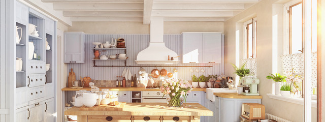 retro kitchen in a cottage with sun flares. 3D RENDERING