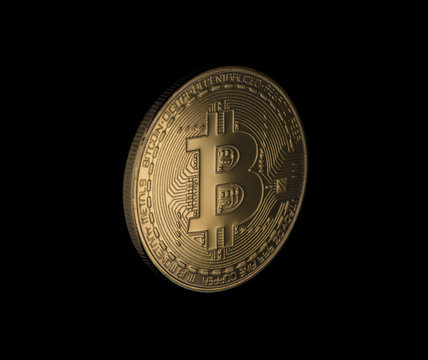 gold bitcoin on a black background, close-up. electronic money isolated