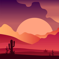 View on sunset in sandy desert landscape with cactus plants. Pink and purple gradients. Vector design for mobile game, travel poster or print
