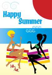 Blond and black women on red and yellow striped beach towels chatting close to the sea. Happy summer