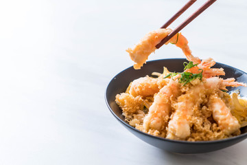 fried shrimps tempura on topped rice bowl