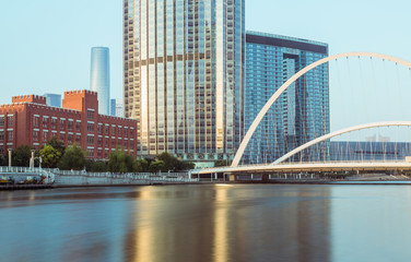 Tianjin city waterfront downtown skyline with Haihe river,China.