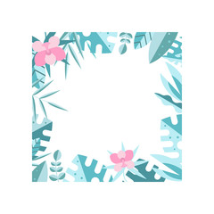 Colored square frame made of blue leaves and pink flowers. Original natural border. Decorative flat vector element for greeting card or invitation