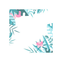 Floral frame made of blue tropical leaves and pink flowers. Original natural border. Flat vector element for postcard or poster
