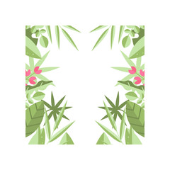 Original square frame of green leaves, branches and pink flowers. Botanical theme. Decorative flat vector element for invitation or greeting card