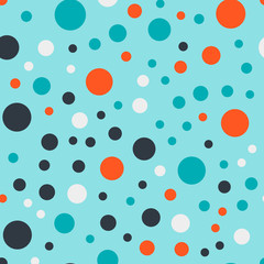 Colorful polka dots seamless pattern on bright 17 background. Ravishing classic colorful polka dots textile pattern. Seamless scattered confetti fall chaotic decor. Abstract vector illustration.