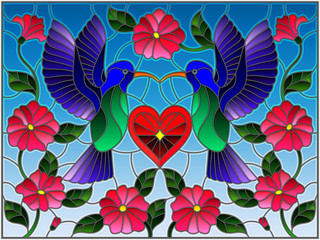 Naklejki  Ilustracja w stylu witrażu z parą kolibrów i sercem na tle nieba i kwiatów
