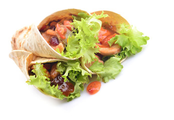 Mexican burrito with chicken and vegetables on a white backgroun