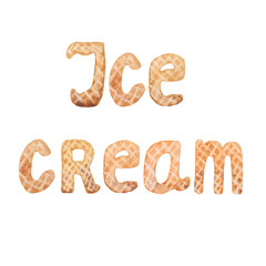 Ice Cream letters with waffle texture. Watercolor hand painted illustration. 