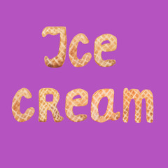 Ice Cream waffles letters on purple background. Watercolor hand painted illustration. 
