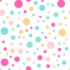Colorful polka dots seamless pattern on white 3 background. Excellent classic colorful polka dots textile pattern. Seamless scattered confetti fall chaotic decor. Abstract vector illustration.