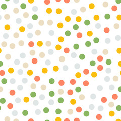 Colorful polka dots seamless pattern on white 5 background. Overwhelming classic colorful polka dots textile pattern. Seamless scattered confetti fall chaotic decor. Abstract vector illustration.